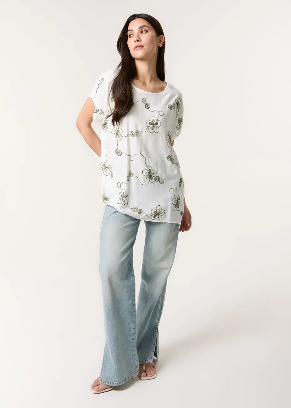 Blue Vanilla Khaki Embroidered Flower Top