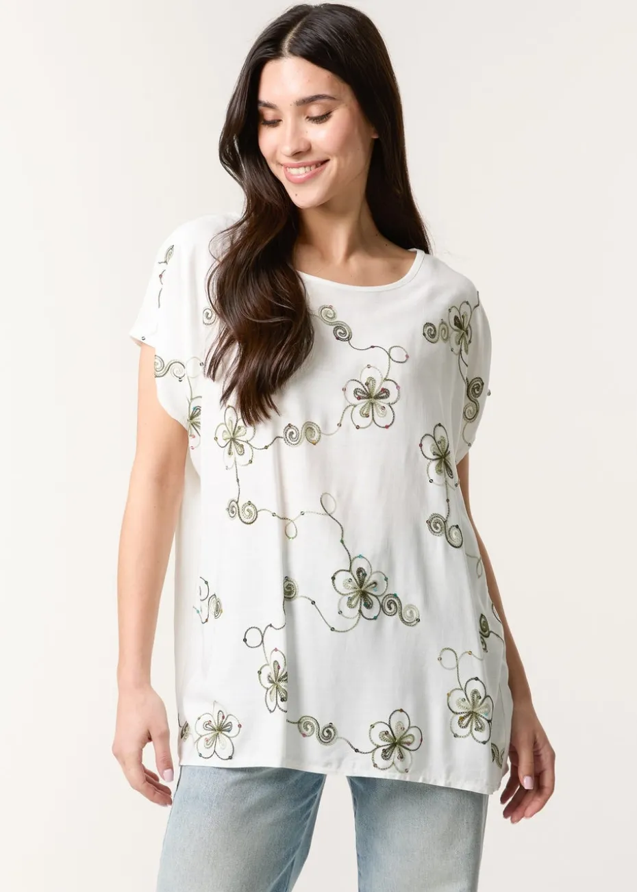 Blue Vanilla Khaki Embroidered Flower Top