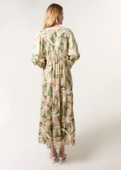 Blue Vanilla Khaki Floral Print Long Dress