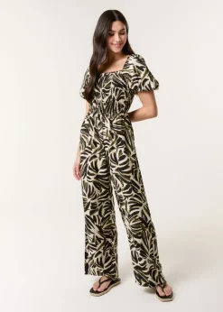 Blue Vanilla Khaki Palm Print Jumpsuit