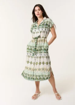 Blue Vanilla Khaki Printed Drawstring Shirt Dress