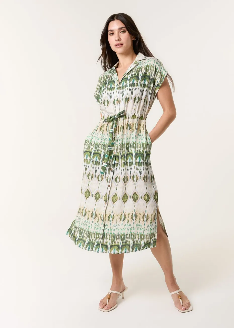 Blue Vanilla Khaki Printed Drawstring Shirt Dress