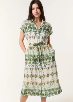Blue Vanilla Khaki Printed Drawstring Shirt Dress
