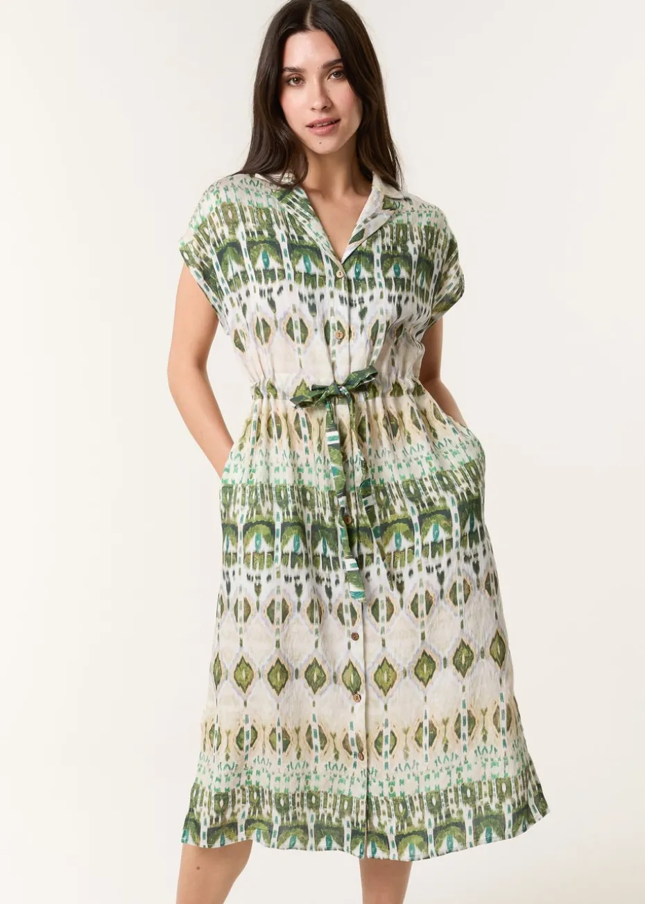 Blue Vanilla Khaki Printed Drawstring Shirt Dress
