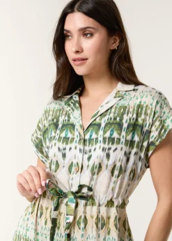 Blue Vanilla Khaki Printed Drawstring Shirt Dress