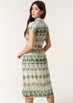 Blue Vanilla Khaki Printed Drawstring Shirt Dress