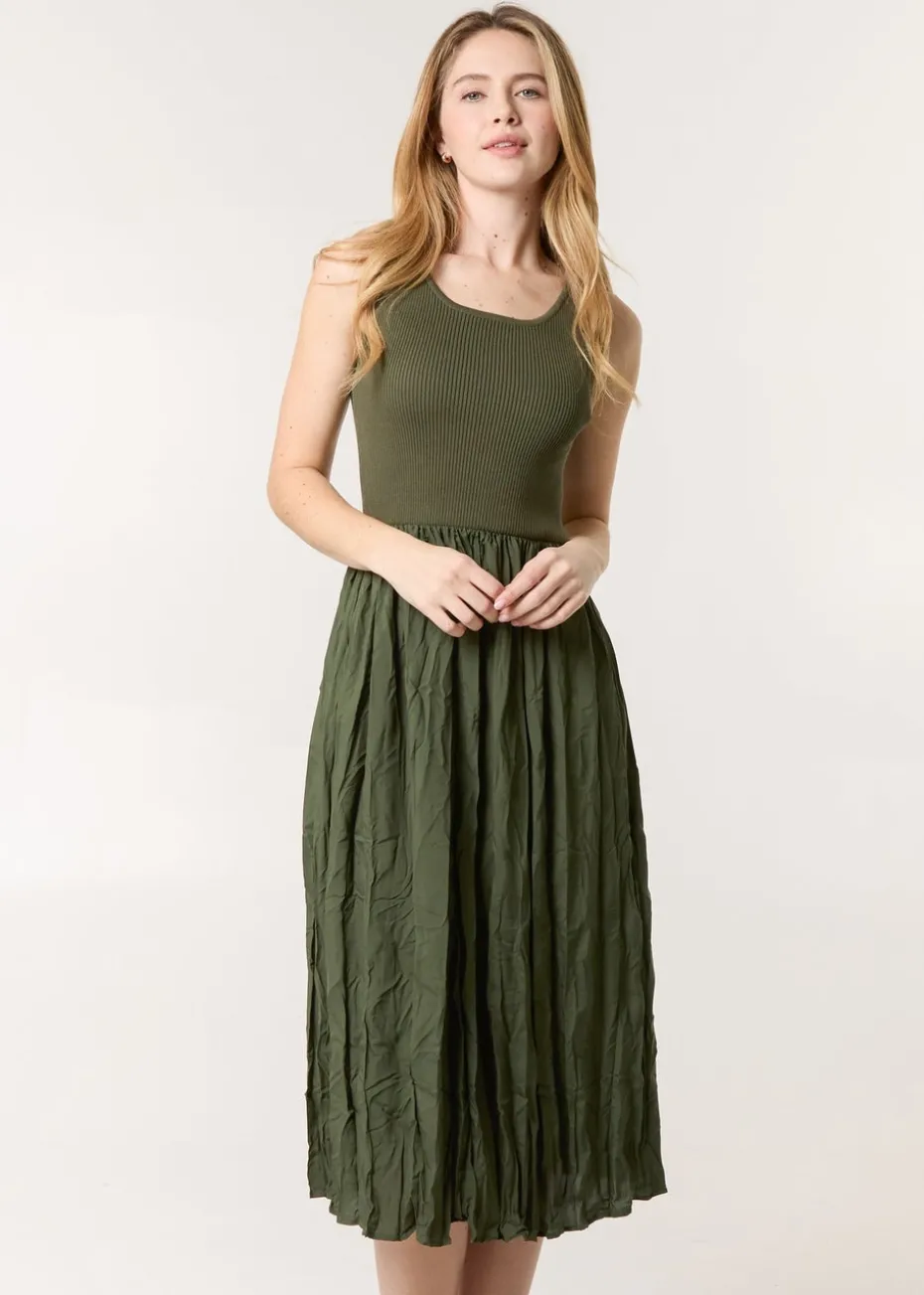 Blue Vanilla Khaki Round Neck Crinkled Dress