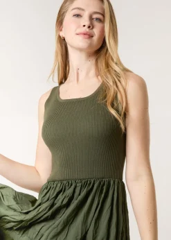 Blue Vanilla Khaki Round Neck Crinkled Dress