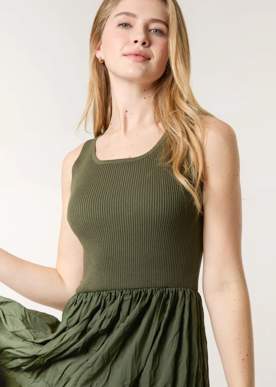 Blue Vanilla Khaki Round Neck Crinkled Dress