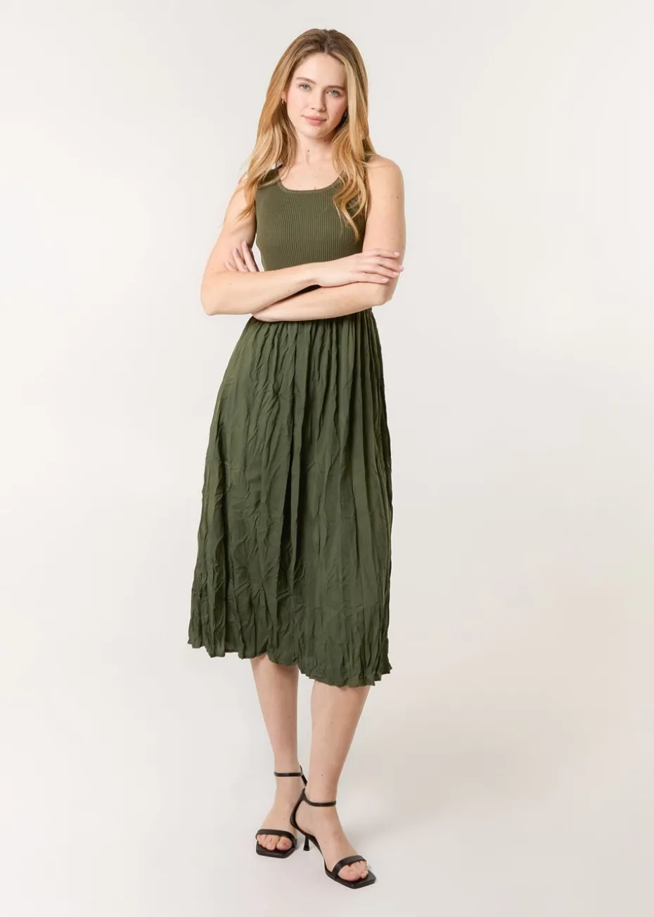 Blue Vanilla Khaki Round Neck Crinkled Dress