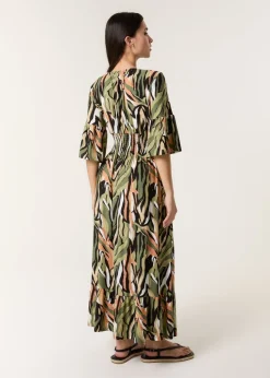 Blue Vanilla Khaki Tropical Print Elasticated Neck Shirred Waist Maxi Dress
