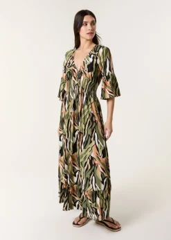 Blue Vanilla Khaki Tropical Print Elasticated Neck Shirred Waist Maxi Dress