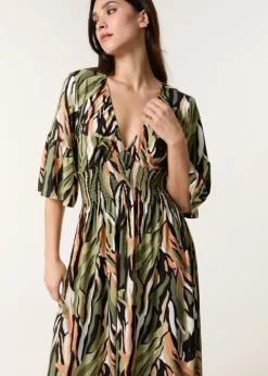 Blue Vanilla Khaki Tropical Print Elasticated Neck Shirred Waist Maxi Dress