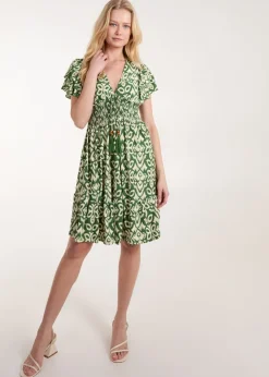 Blue Vanilla Khaki V Neck Mini Dress With Flutter Sleeve