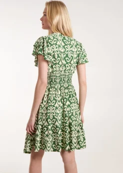 Blue Vanilla Khaki V Neck Mini Dress With Flutter Sleeve