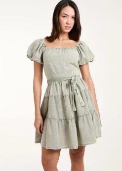 Blue Vanilla Khaki Washed Puff Sleeve Mini Dress