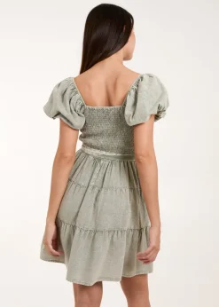 Blue Vanilla Khaki Washed Puff Sleeve Mini Dress