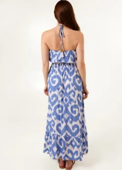 Blue Vanilla Light Blue Bandeau Printed Shirred Waist Maxi Dress