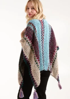 Blue Vanilla Light Blue Poncho With Tassel Detail