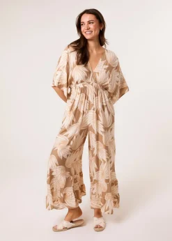 Blue Vanilla Mocha Printed Leaf Wide Leg Jumpsuit