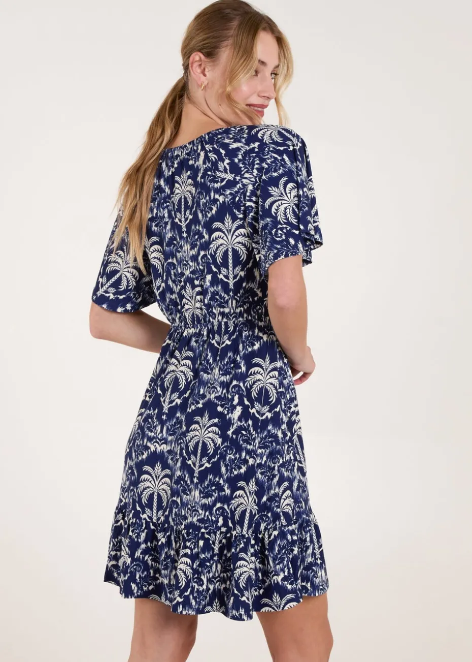 Blue Vanilla Navy Button Through Elastic Waist Tropical Mini Dress