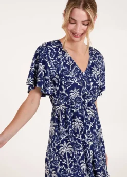 Blue Vanilla Navy Button Through Elastic Waist Tropical Mini Dress