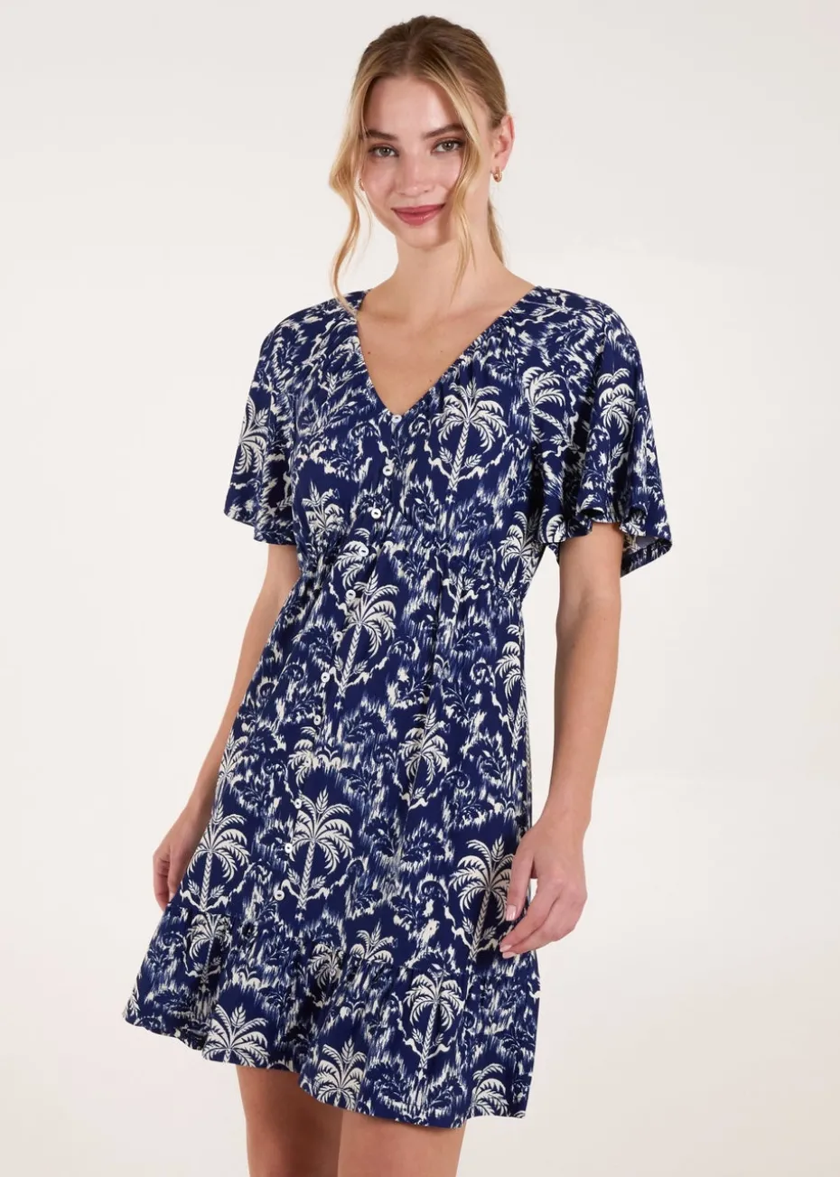 Blue Vanilla Navy Button Through Elastic Waist Tropical Mini Dress