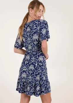 Blue Vanilla Navy Button Through Elastic Waist Tropical Mini Dress