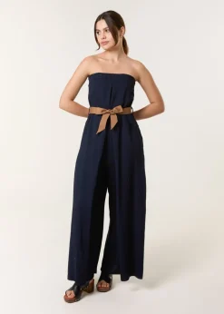 Blue Vanilla Navy Linen Belted Wide Bandeau Jumpsuit