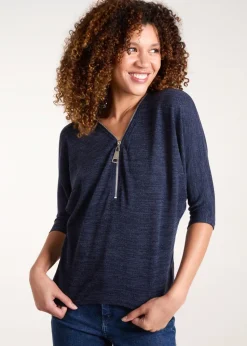 Blue Vanilla Navy Metallic Zip Front Top