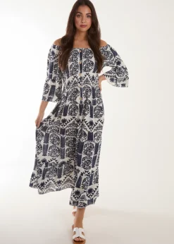 Blue Vanilla Navy Printed Coconut Button Dress