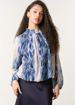 Blue Vanilla Navy Snake Skin High Neck Blouse