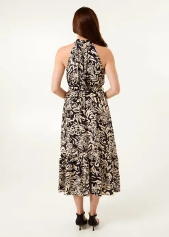 Blue Vanilla Navy Tropical Print Halter Neck Belted Waist Midi Dress