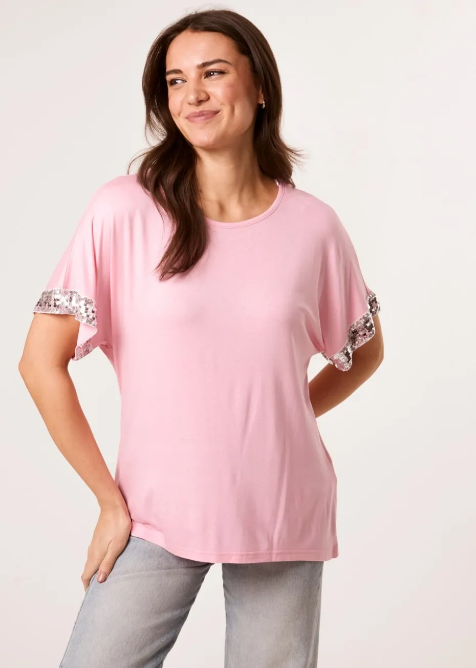 Blue Vanilla Pink Sequin Trim Oversized Top