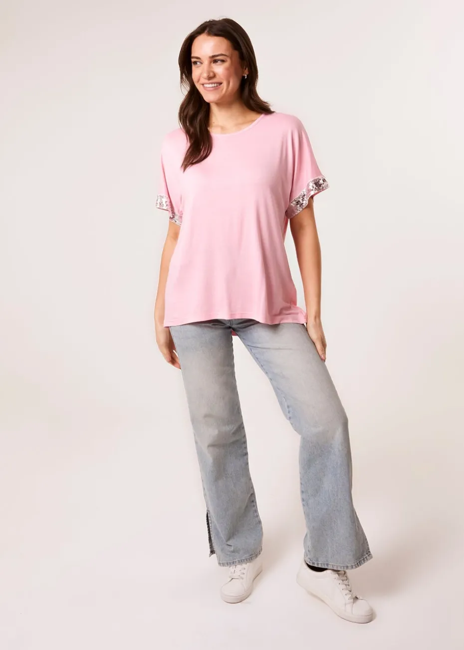 Blue Vanilla Pink Sequin Trim Oversized Top