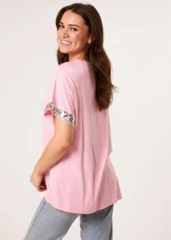 Blue Vanilla Pink Sequin Trim Oversized Top