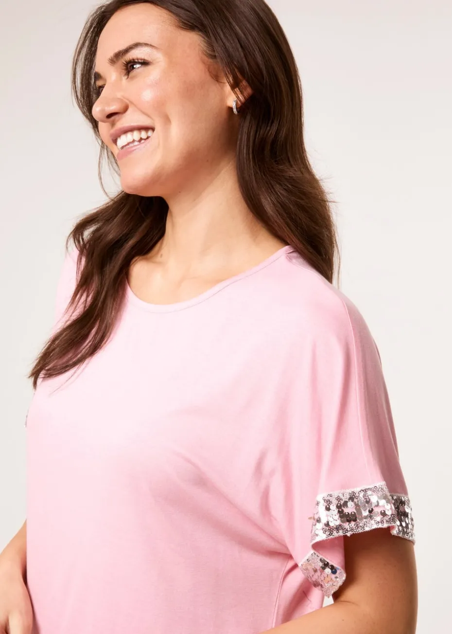 Blue Vanilla Pink Sequin Trim Oversized Top