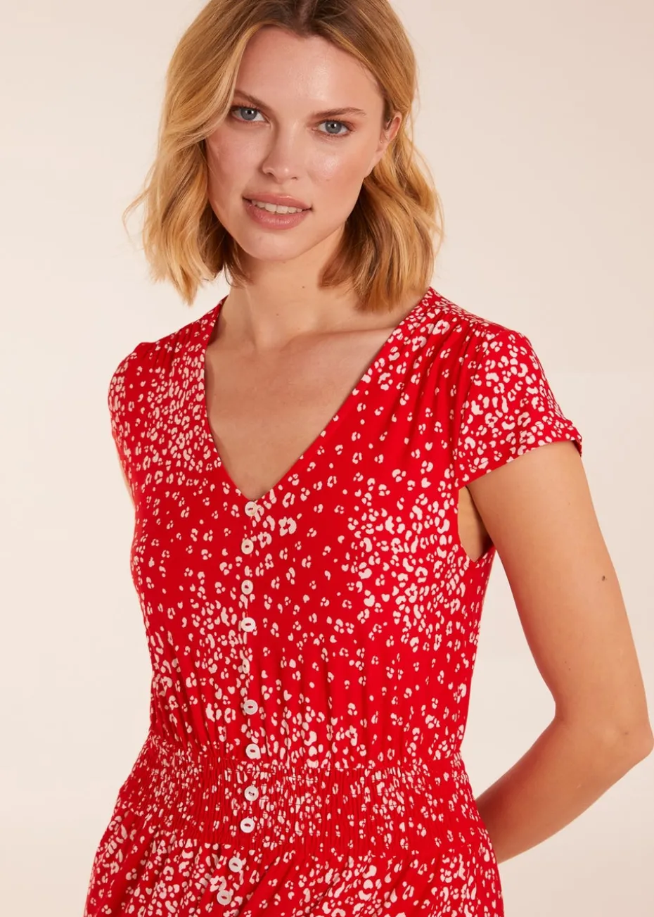 Blue Vanilla Red Button Through Shirred Waist Midi Dress