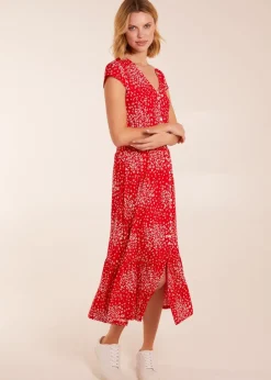 Blue Vanilla Red Button Through Shirred Waist Midi Dress