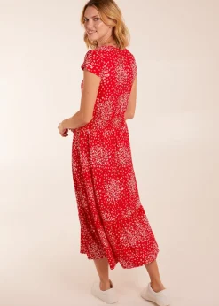 Blue Vanilla Red Button Through Shirred Waist Midi Dress