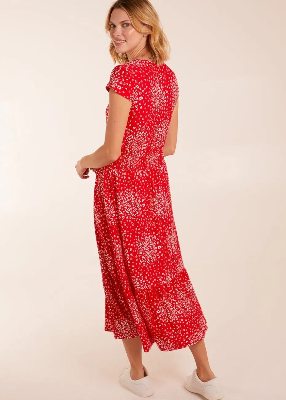 Blue Vanilla Red Button Through Shirred Waist Midi Dress