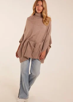 Blue Vanilla Roll Neck Drawstring Poncho