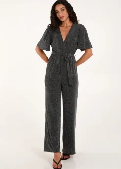 Blue Vanilla Silver Metallic Angel Sleeve Jumpsuit