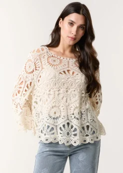 Blue Vanilla Stone Crochet Top With Flared Sleeves