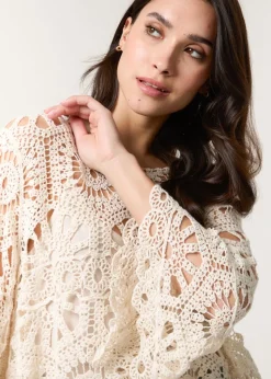 Blue Vanilla Stone Crochet Top With Flared Sleeves