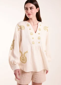 Blue Vanilla Stone Embroidered Cheesecloth Top