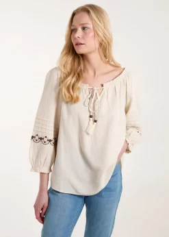 Blue Vanilla Stone Embroidered Pleat Sleeve Top