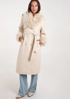Blue Vanilla Stone Faux Fur Trim Double Breasted Pu Coat