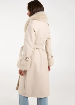 Blue Vanilla Stone Faux Fur Trim Double Breasted Pu Coat