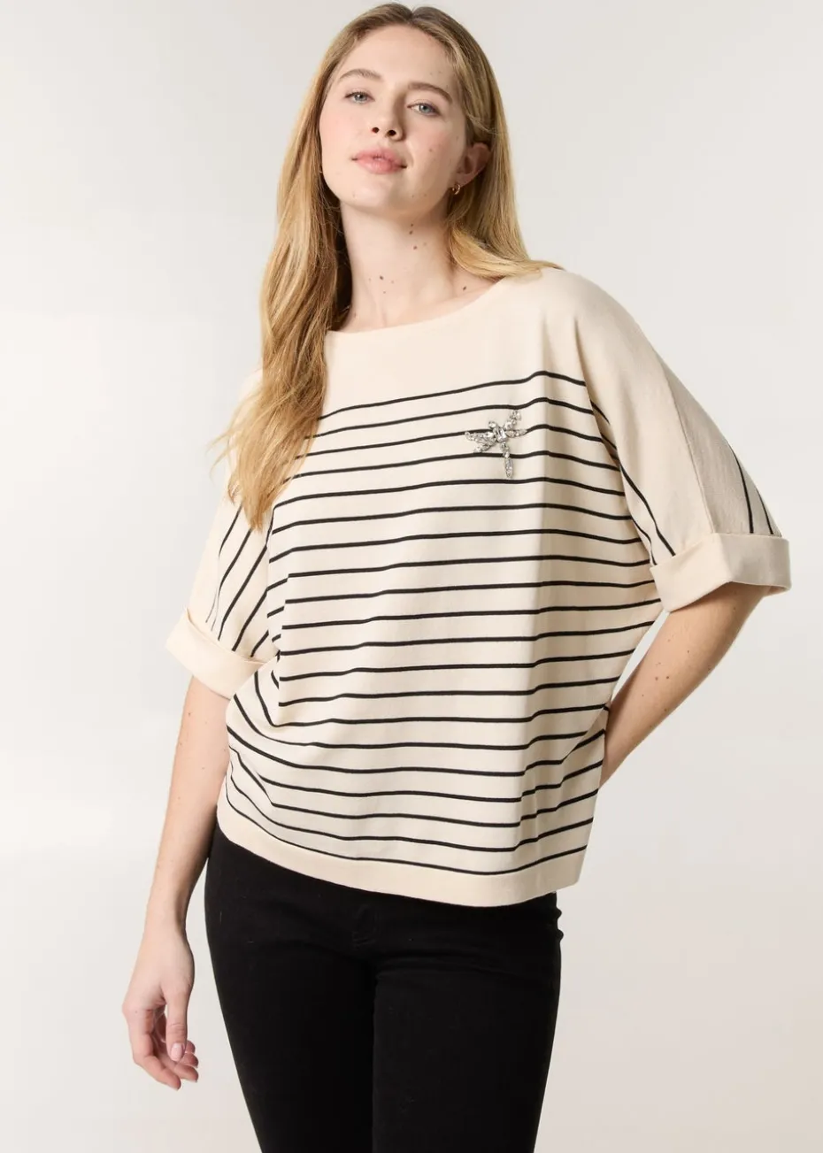 Blue Vanilla Stone Horizontal Striped Top With Brooch